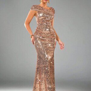 Champagne Preppy Women's Sequin Elaborate Ballgown